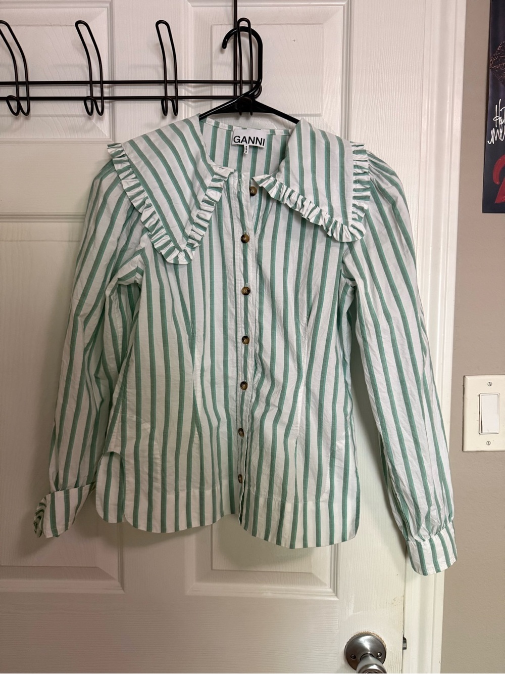 Ganni Mint Green & White Striped Ruffle Collar Button Shirt